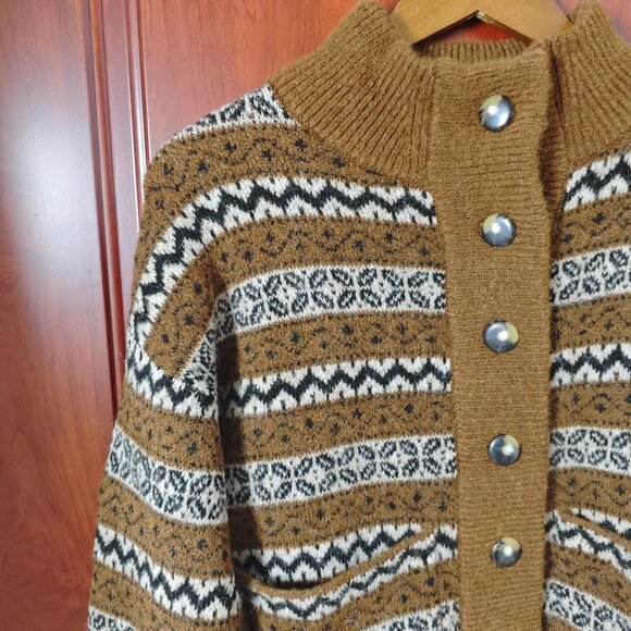Sezane Thais jacket sz S sweater cardigan kid mohair brown jacquard - Picture 7 of 13